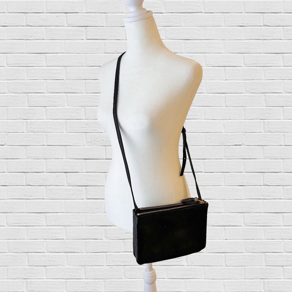 black vegan leather 3 section crossbody purse